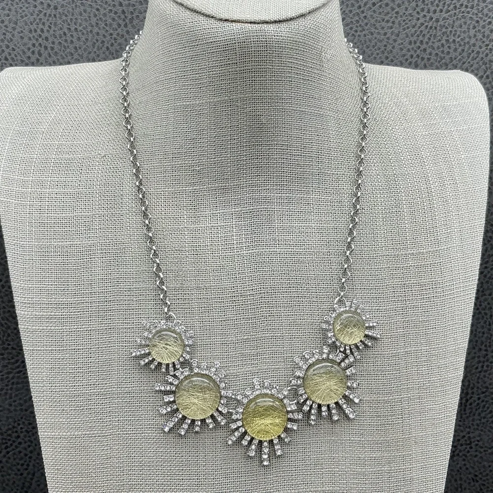 Ann Taylor Necklace Silver Tone Yellow Resin Rhinestone Sunburst‎ Bib Womens 18